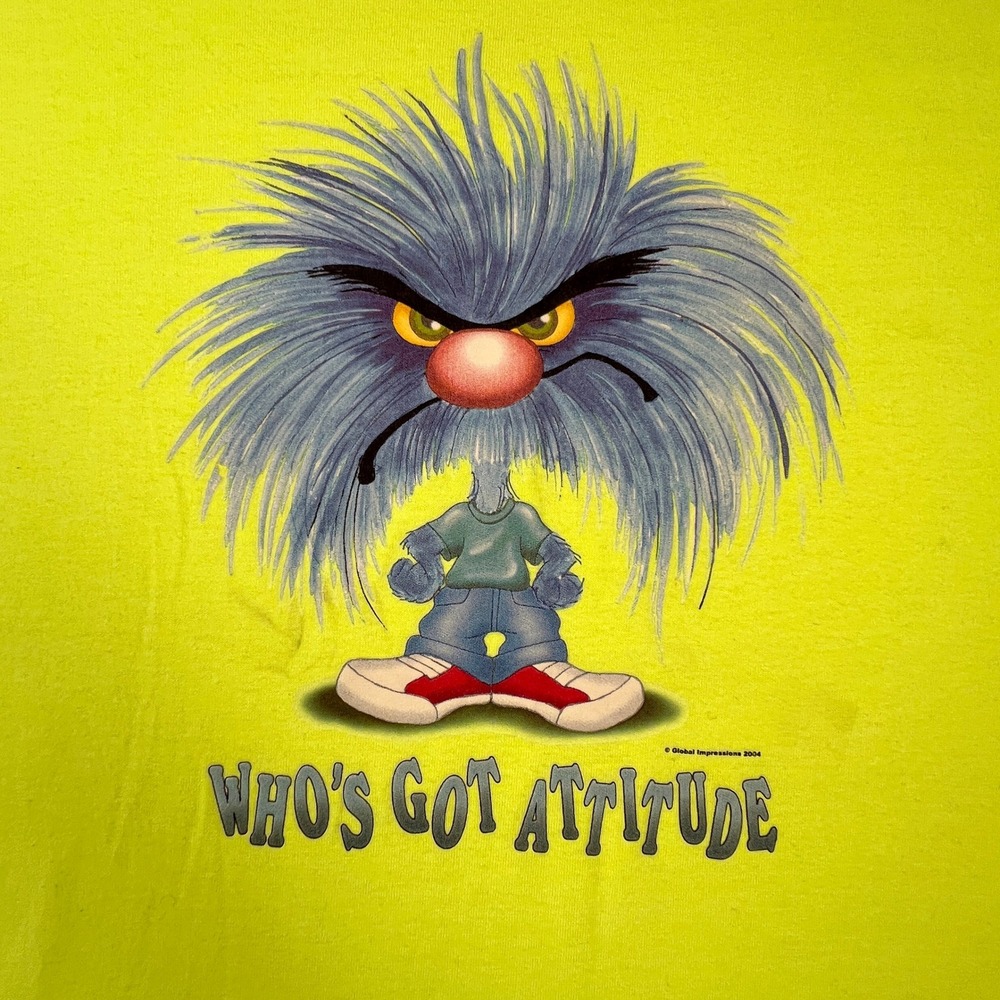 Vintage Y2K Jerzees Tee Mens XL Neon Yellow Whos Got Attitude 2004 Shirt Monster